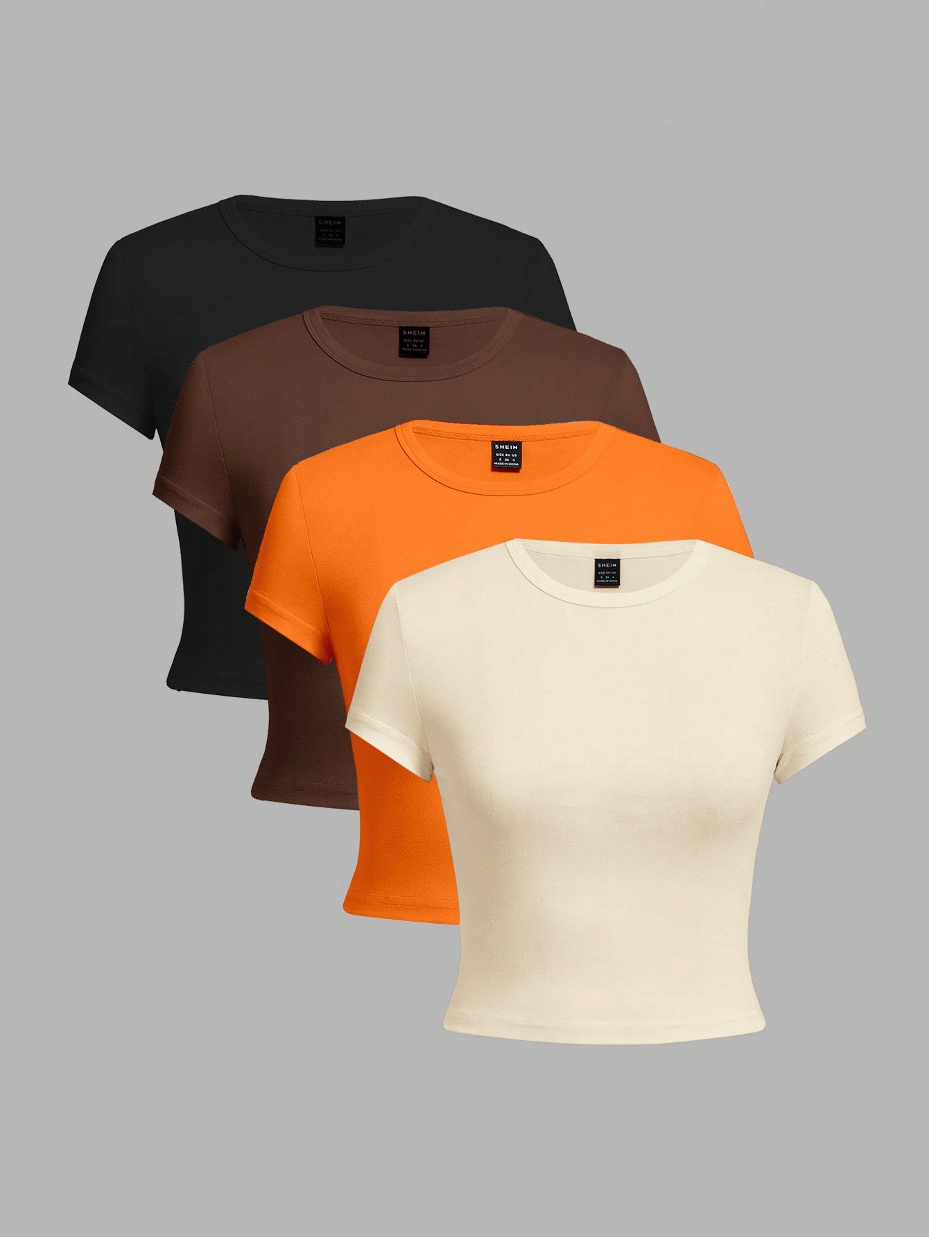 4pcs/Set Casual Minimalist Round Neck Short Sleeve Cropped Fitted Ladies T-Shirt, Summer