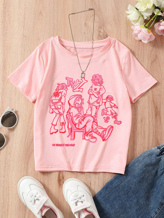 Tween Girls' Letter Print Cartoon Character Short Sleeve T-Shirt