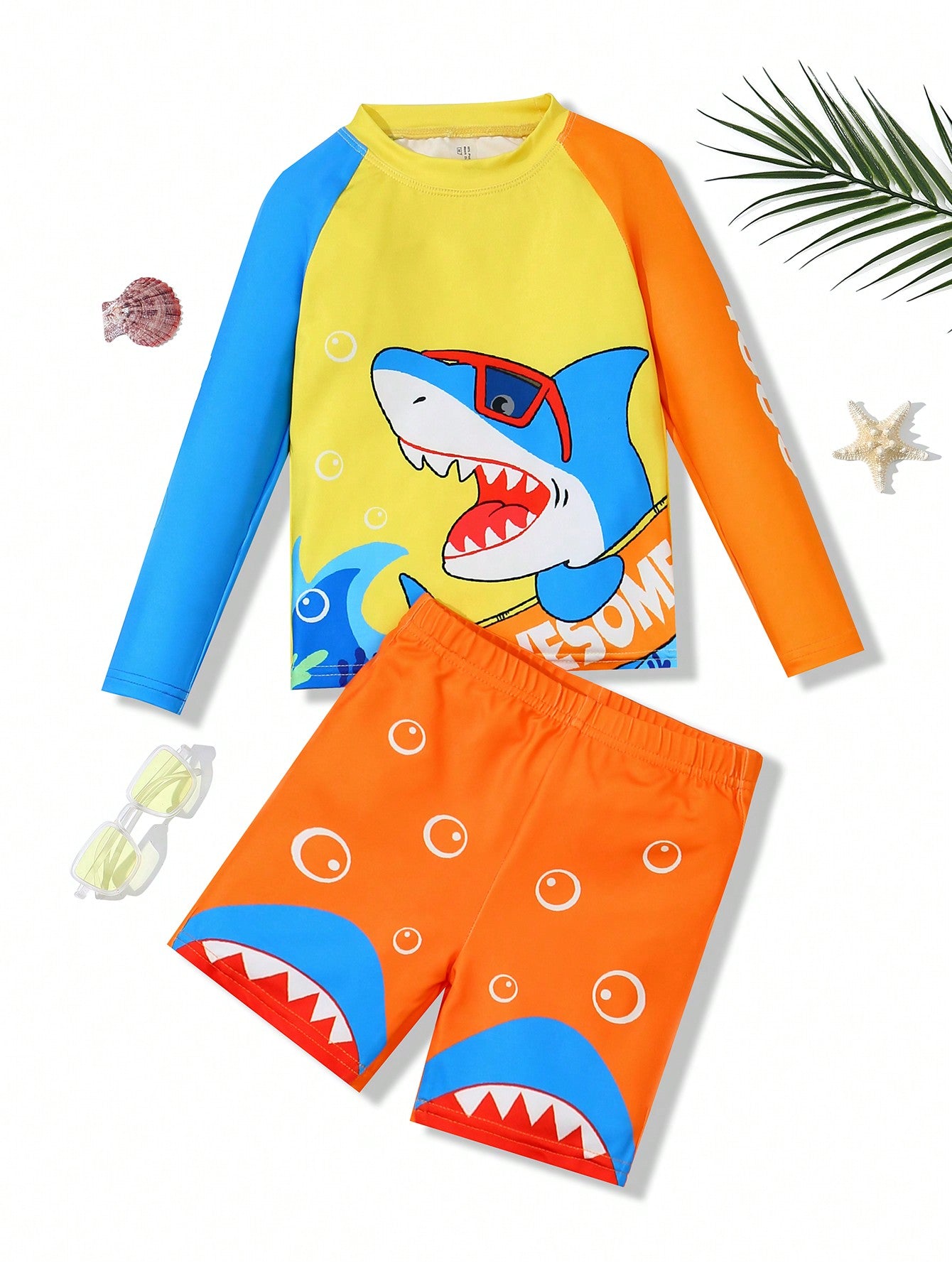 Young Boy's Tight & Casual Spliced Colorblock Round Neck Two-Piece Swimwear