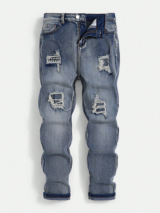 Teen Boys' Torn Beads Embellished Distressed Washed Denim Jeans