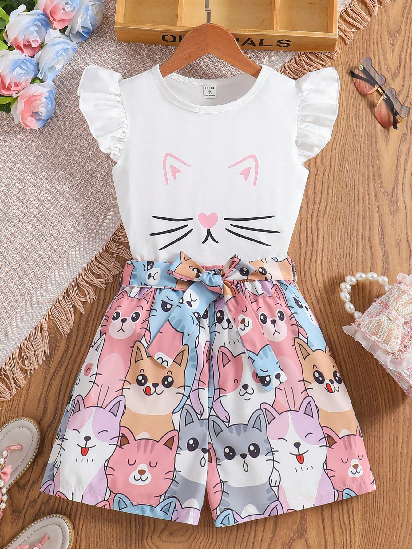 Tween Girl 2pcs/Set Cute Cartoon Cat Print Sleeveless Round Neck Top And All-Over Print Shorts