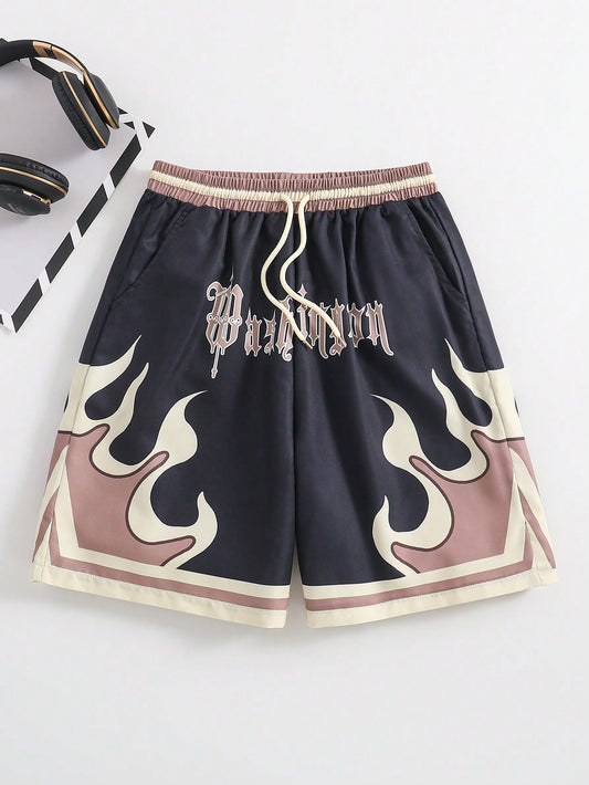 Teen Boys' Streetwear Flame & Letter Print Basketball Shorts For Sports