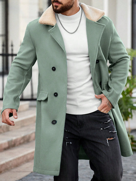 Men's Color-Block Teddy Fur Lapel Double-Breasted Overcoat