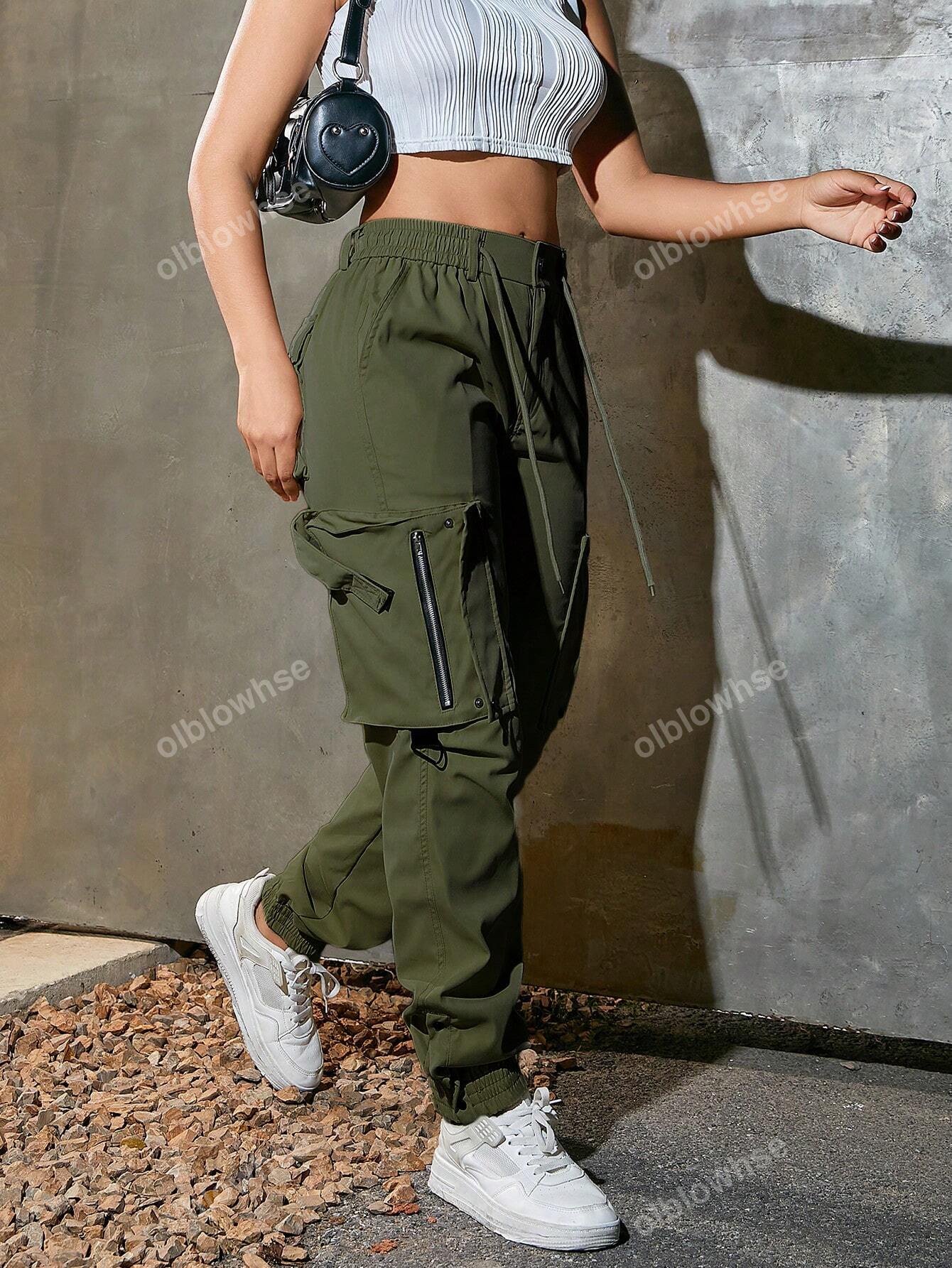 Y2K Elastic Waist With Drawstring Flap Pocket Zipper Detail Metal Button Slit Hem Cargo Jogger Pants