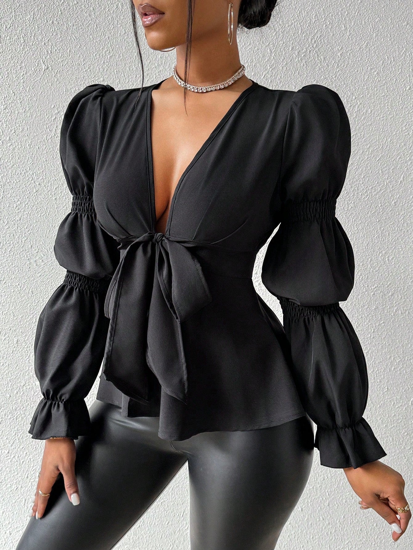 Women's Solid Color Lotus Sleeve Deep V-Neck Tie Waist Shirt