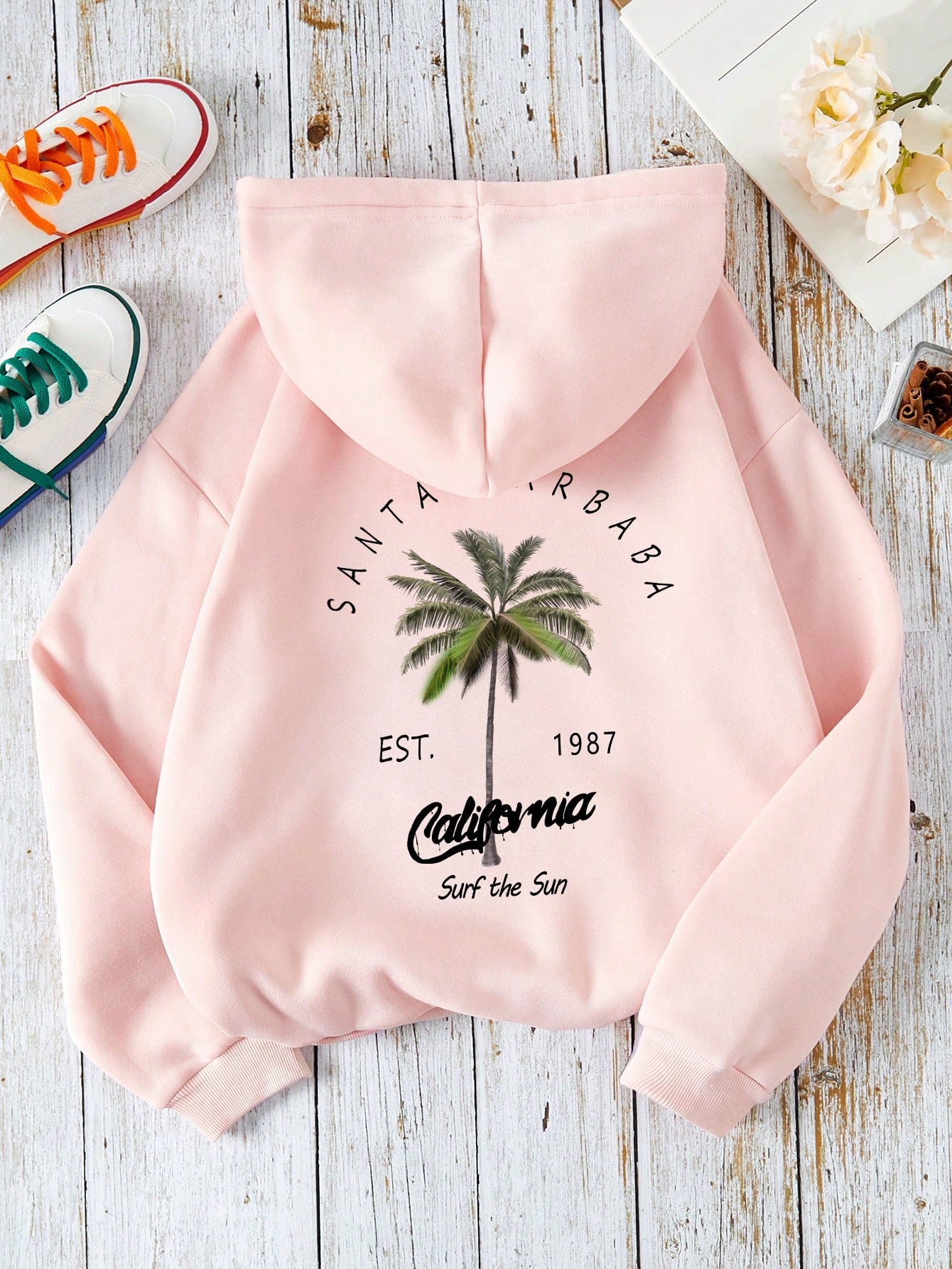 Women's Coconut Tree & Letter Printed Hooded Sweatshirt With Drawstring And Fleece Lining