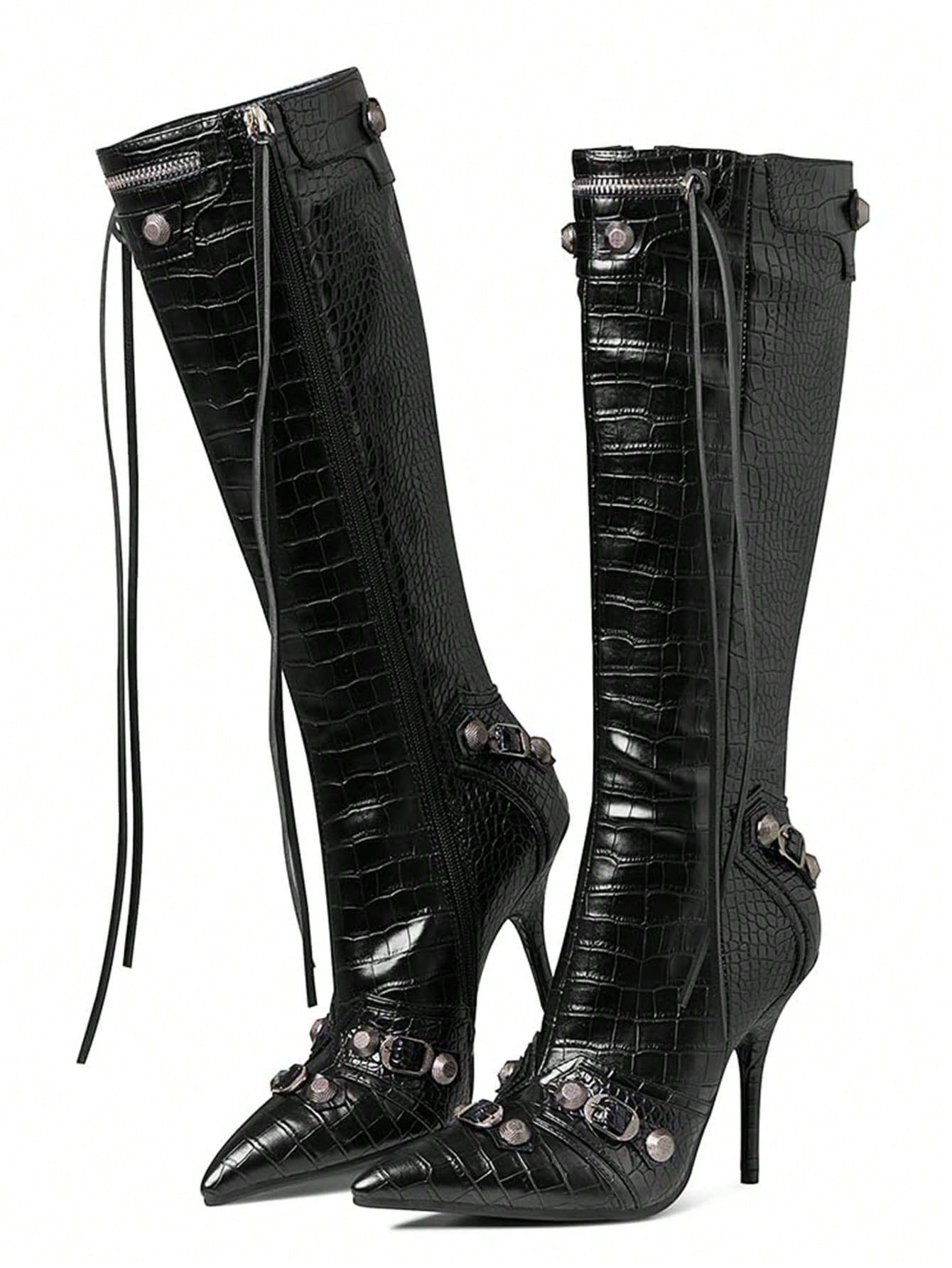 Metallic Silver Women Knee High Boots Stiletto High Heels Tassels Rivit Fashion Design Brand Motorcycle Shoes