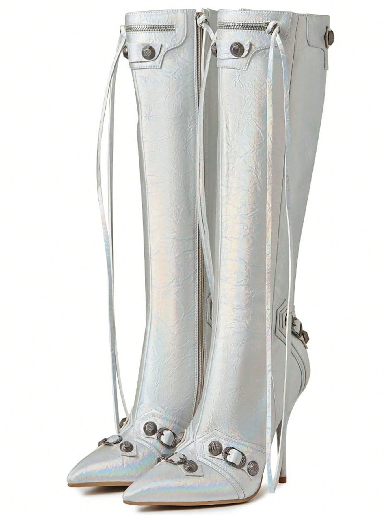 Metallic Silver Women Knee High Boots Stiletto High Heels Tassels Rivit Fashion Design Brand Motorcycle Shoes