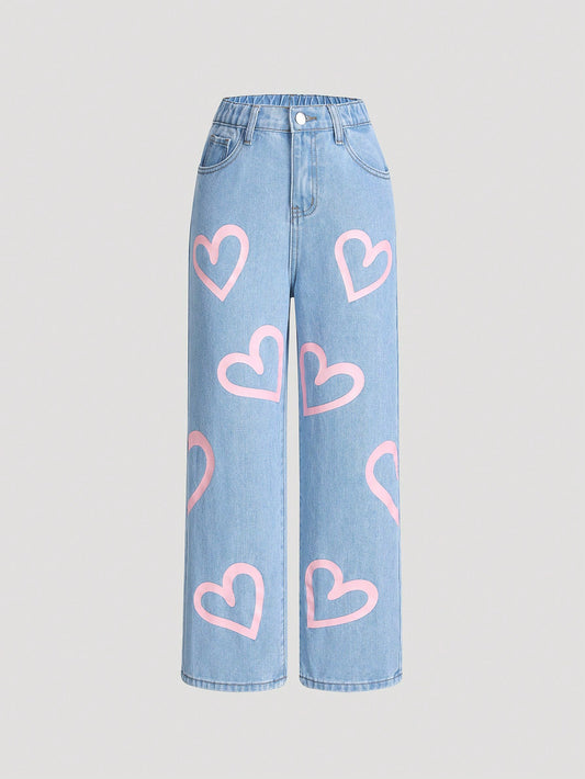 Streecool Kids Tween Girl Cute Casual Pink Heart Printed All-Match Loose Straight Denim Pants, Four Seasons