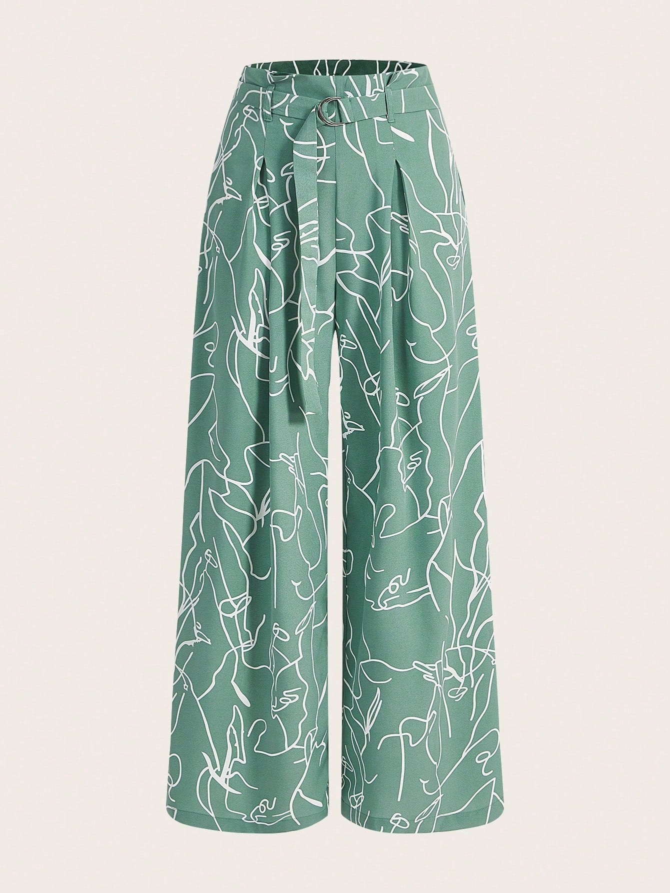 Graphic Print Belted Wide Leg Pants