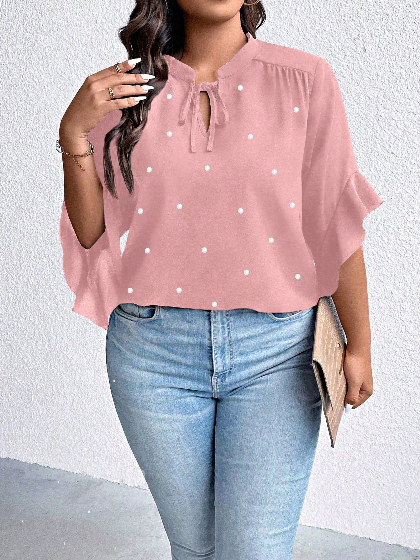 Plus Size Tie Neck Ruffle Sleeve Faux Pearl Button Shirt