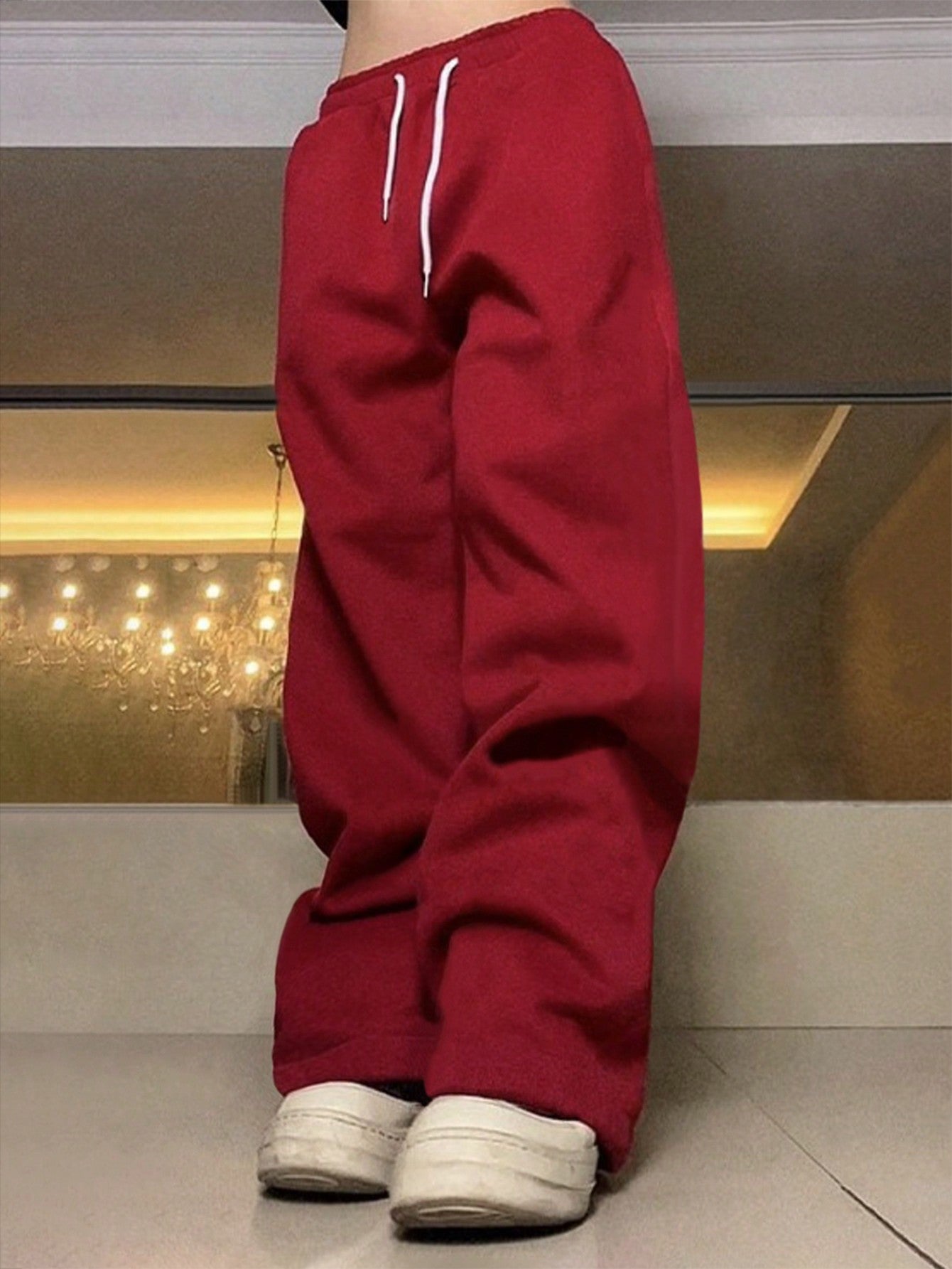 Loose Fit Men's Solid Color Drawstring Sweatpants Baggy Long Plain Dark Red Going Out Casual