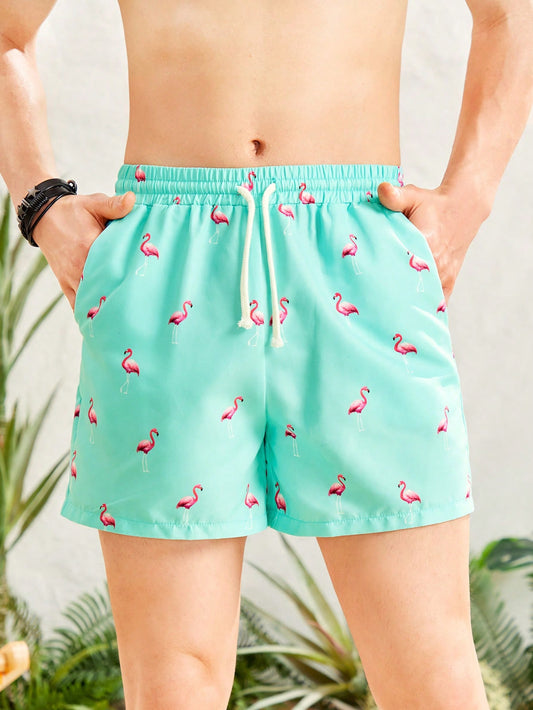 Teen Boys' Casual Flamingo Pattern Holiday Printed Beach Swim Trunks