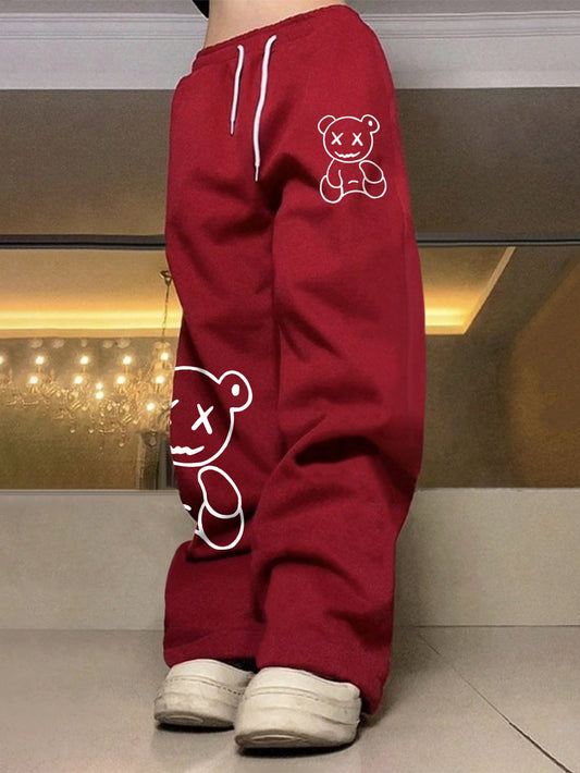 Loose Men's Cartoon Bear Printed Drawstring Waist Sweatpants Baggy Long Graphic Plain Dark Red Going Out Funny