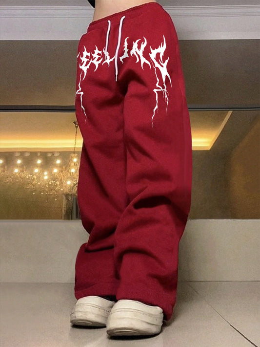 Men's Printed Drawstring Sweatpants Baggy Long Plain Dark Red Going Out Goth