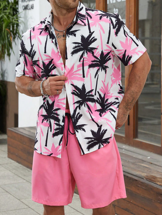 Men's Plus Size Palm Tree Print Short Sleeve Shirt And Shorts Two Piece Set