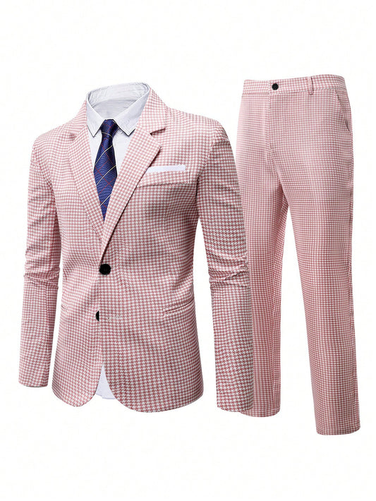 Men's Plus Size Checkered Notched Lapel Suit Jacket And Pants Set