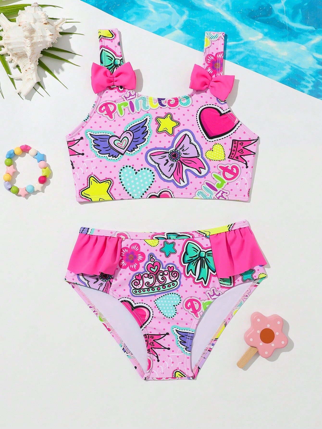 Young Girl Cartoon Pattern Bikini Set With Bowknot Detail Set Summer Beach