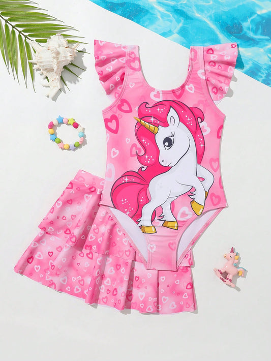 Young Girls' Unicorn & Heart Print One Piece Swimsuit With Skirt Set