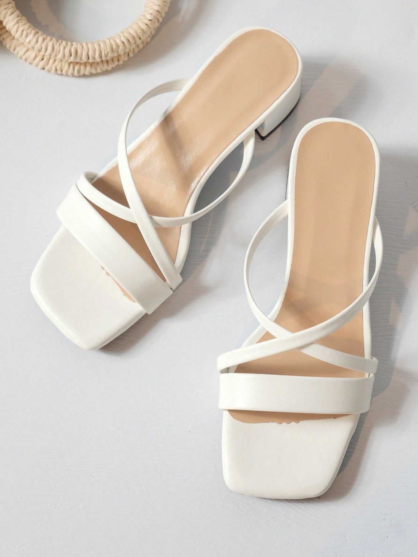 Women's White Pu Leather Mule Style Sandals With High Heels, Open Toe, Chunky Heel, Strappy And Elegant Design