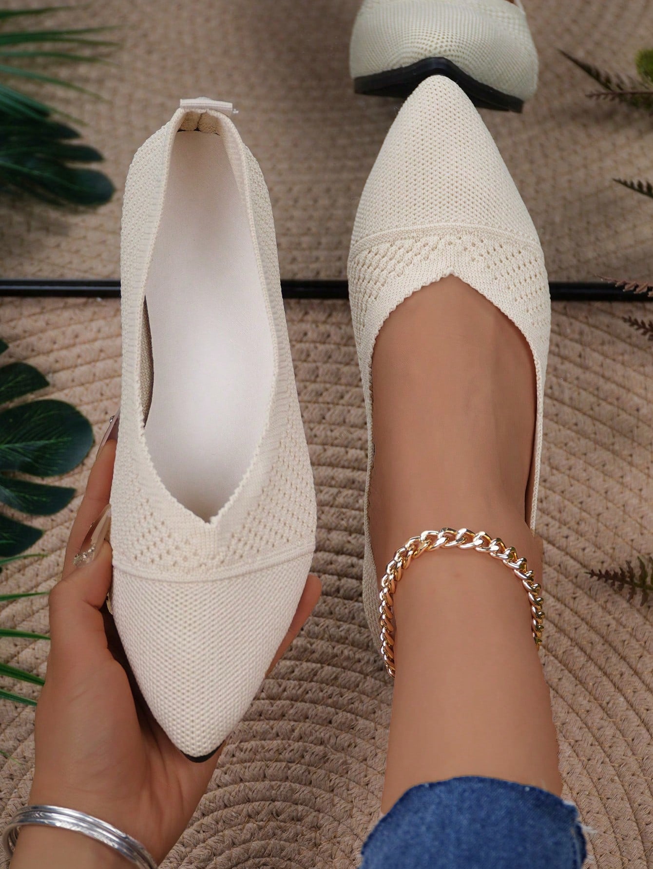 Knitted Women Flat Shoes, Solid Color Breathable Knitted Flat Shoes, Elegant Pointed Formal Shoes, Lightweight Slip-On Shoes