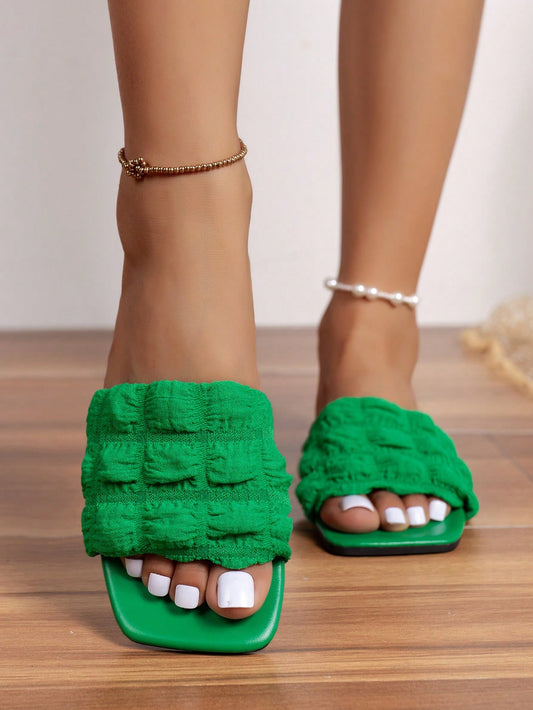 Fashionable Square Toe Green Grid Patterned Cloth Flat Sandals