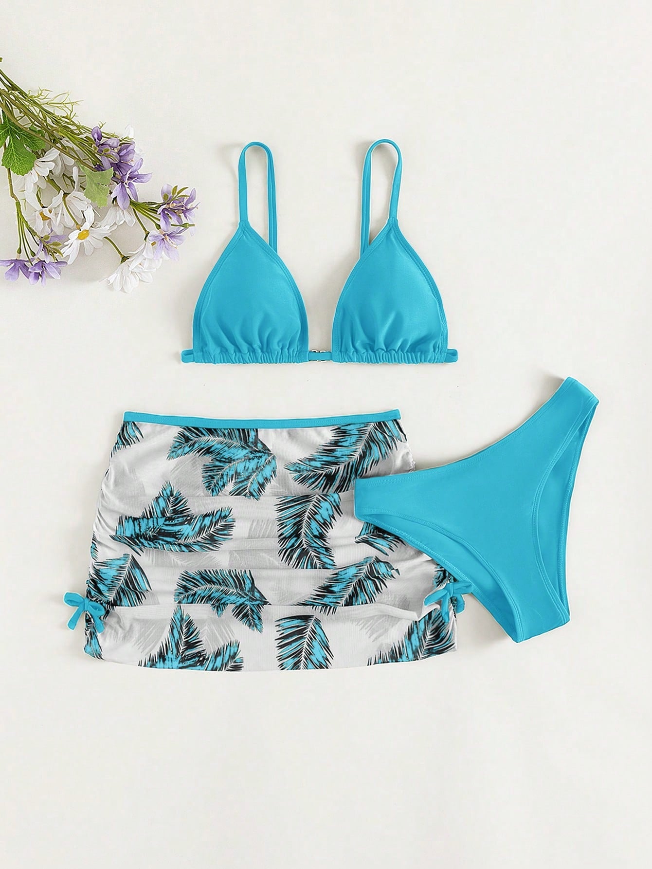 Teen Girl 3-Piece Set Spaghetti Straps Triangle Palm Leaf Print Bikini Set Summer Beach