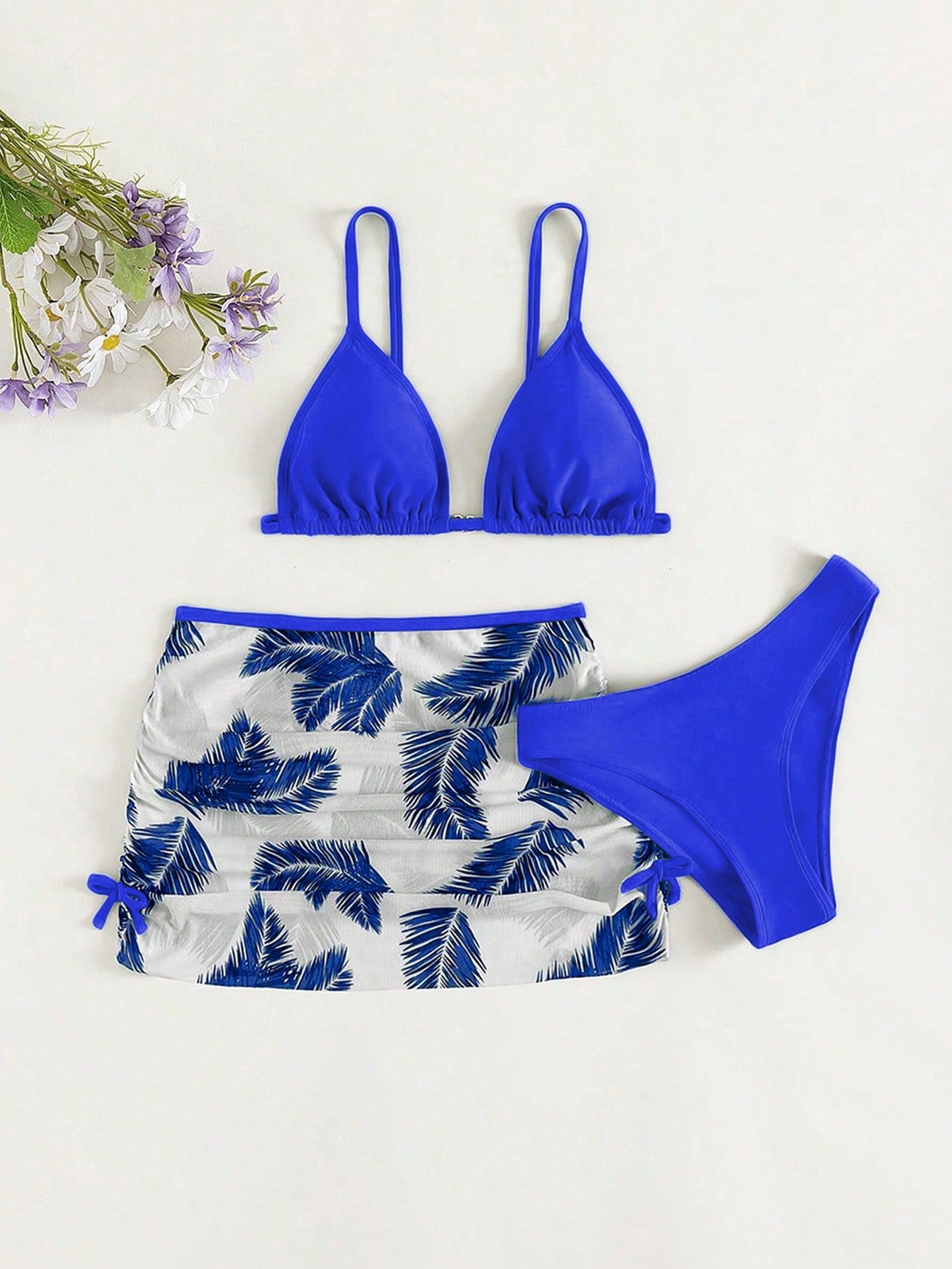 Teen Girls Tropical Print Bikini Set With Beach Skirt Summer Beach