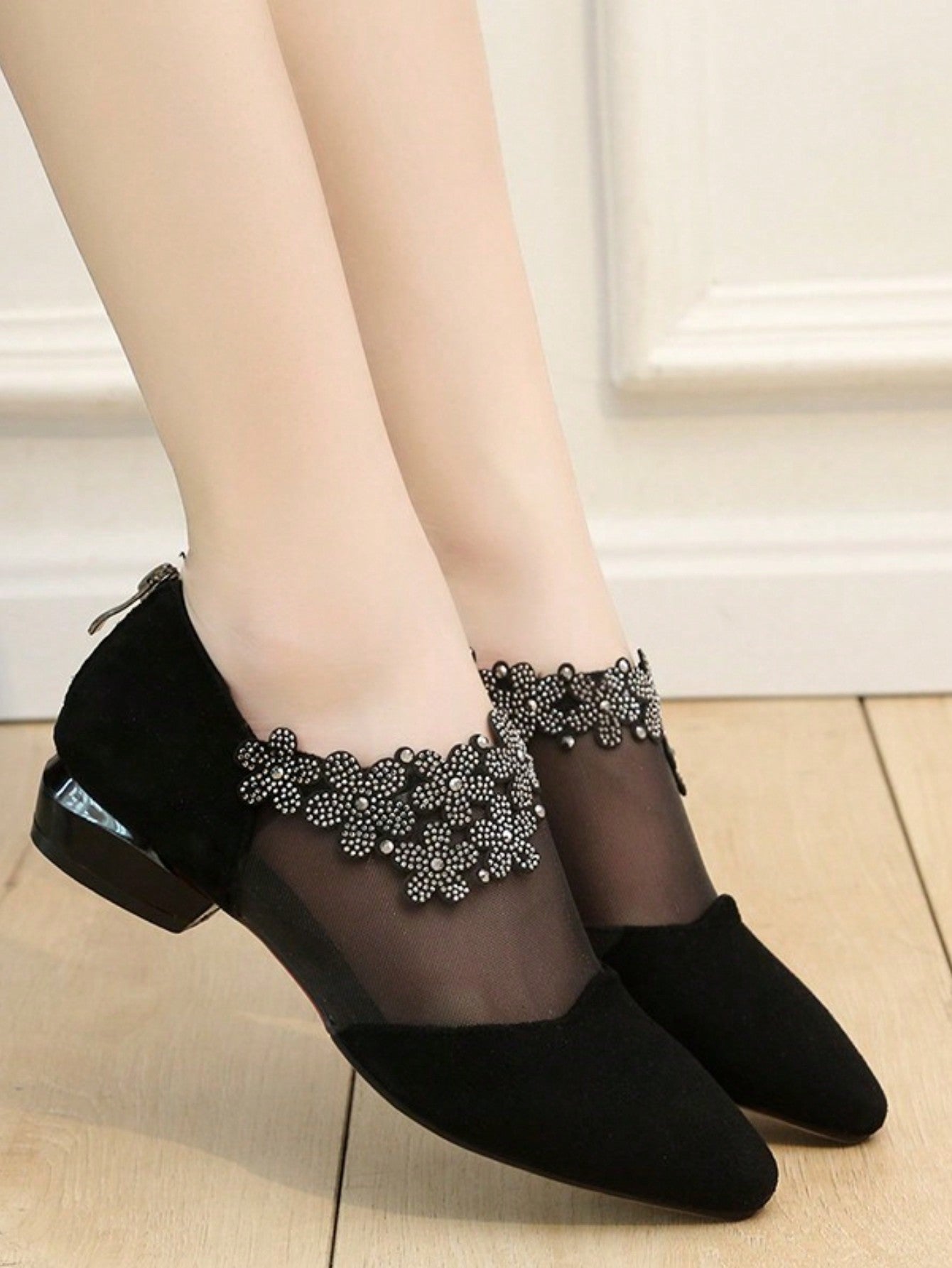 Women's Pointed Toe Square Heel Rhinestone Mesh Elegant Shoes