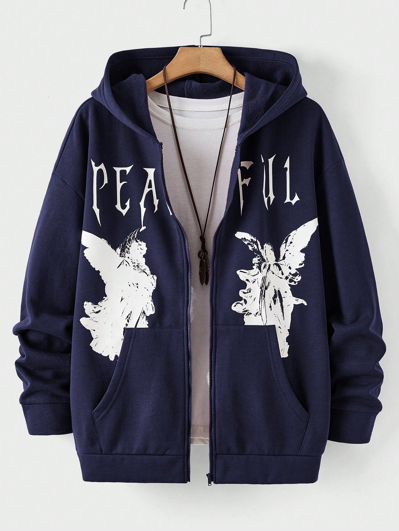 Loose Fit Men's Angel & Letter Print Kangaroo Pocket Hoodie