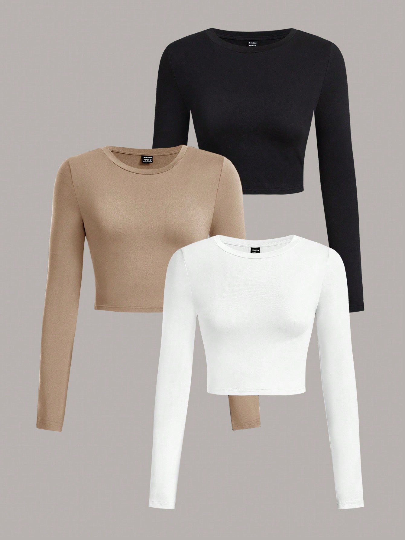 3pcs/Set Women's Casual Simple Crew Neck Long Sleeve Cropped Fitted T-Shirts, Suitable For Spring & Autumn