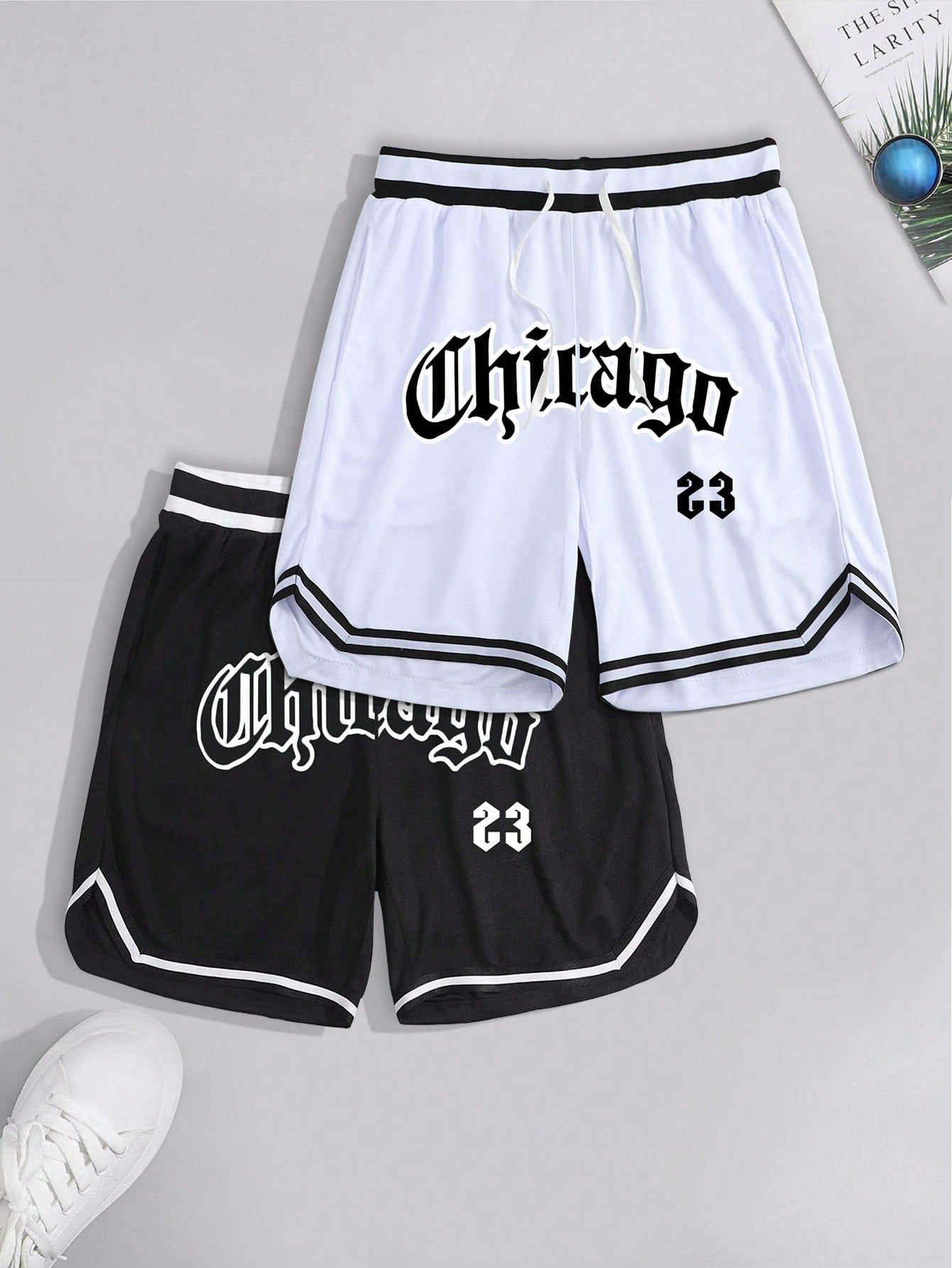 2Pcs Men's Striped Shorts With Letter And Number Print Basketball Plain Black