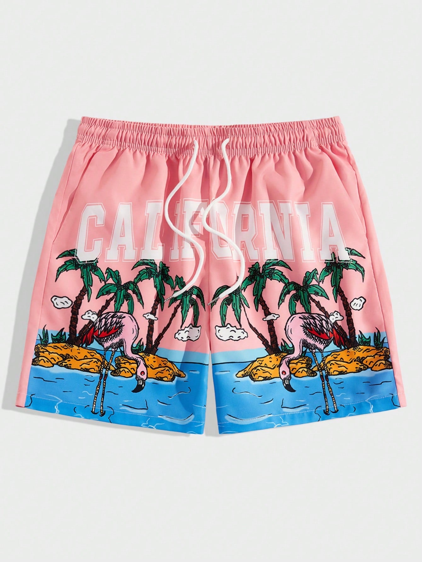 Street Life Men Letter & Palm Tree Print Drawstring Waist Shorts