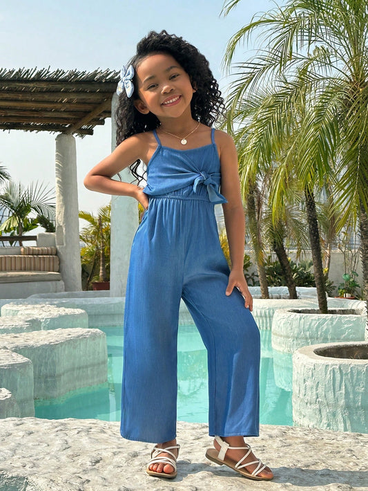 Young Girls' Casual Daily Wear Front Tie Cami Jumpsuit