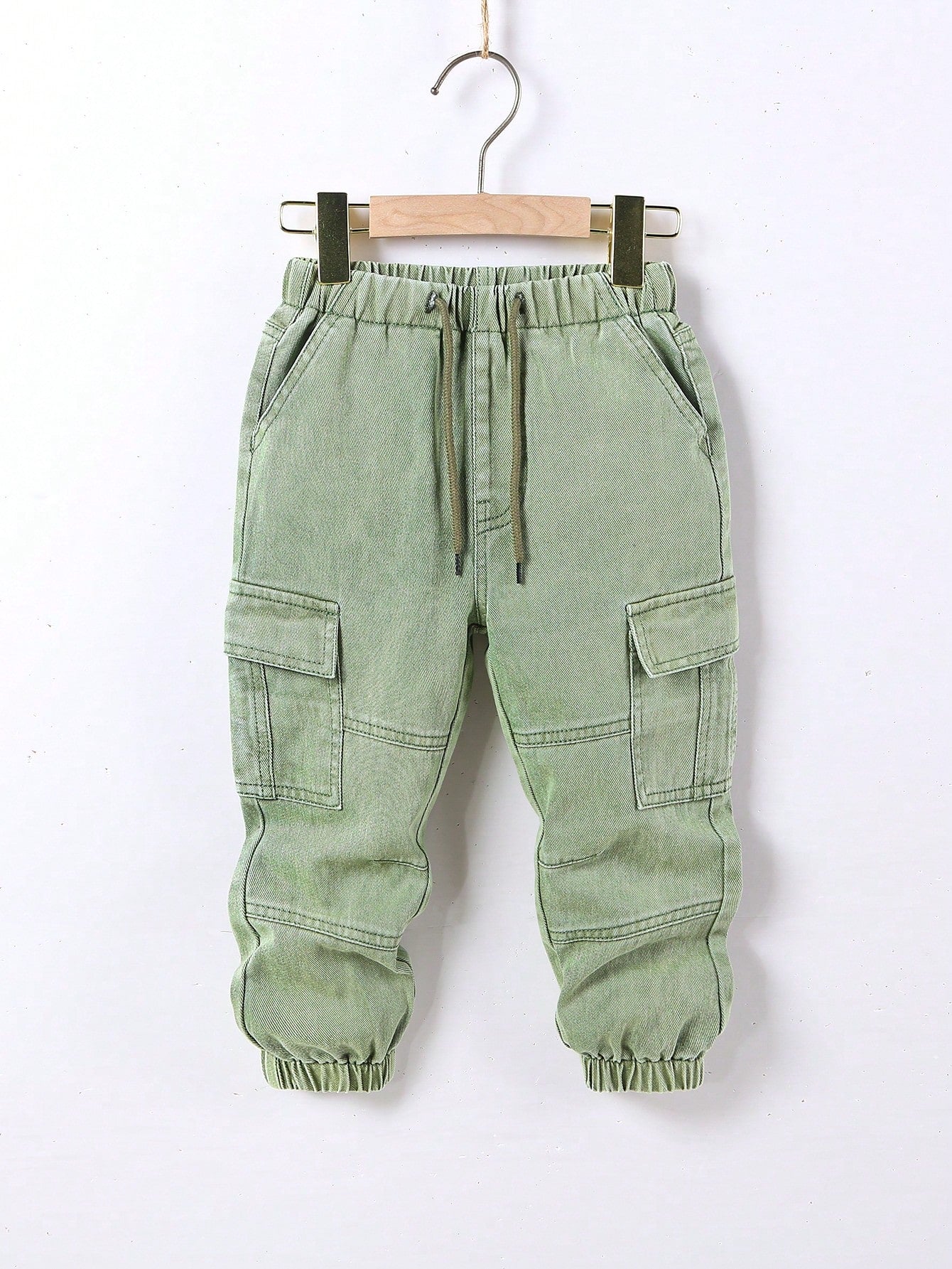 Young Boy Vintage Casual Street Style Loose Comfortable Elastic Waist Drawstring Cuff Denim Cargo Pants