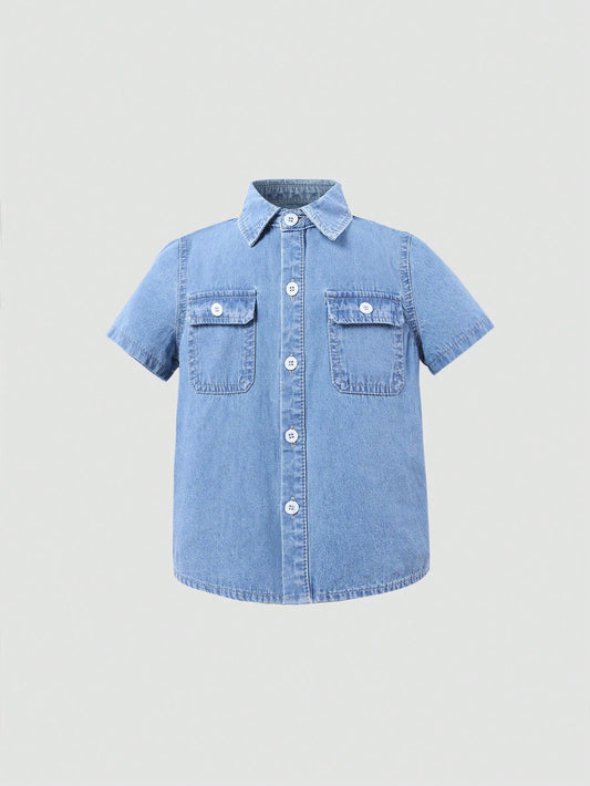 Young Boys' Basic Casual Loose Comfortable Soft Light Wash Denim Shirt For Daily Wear