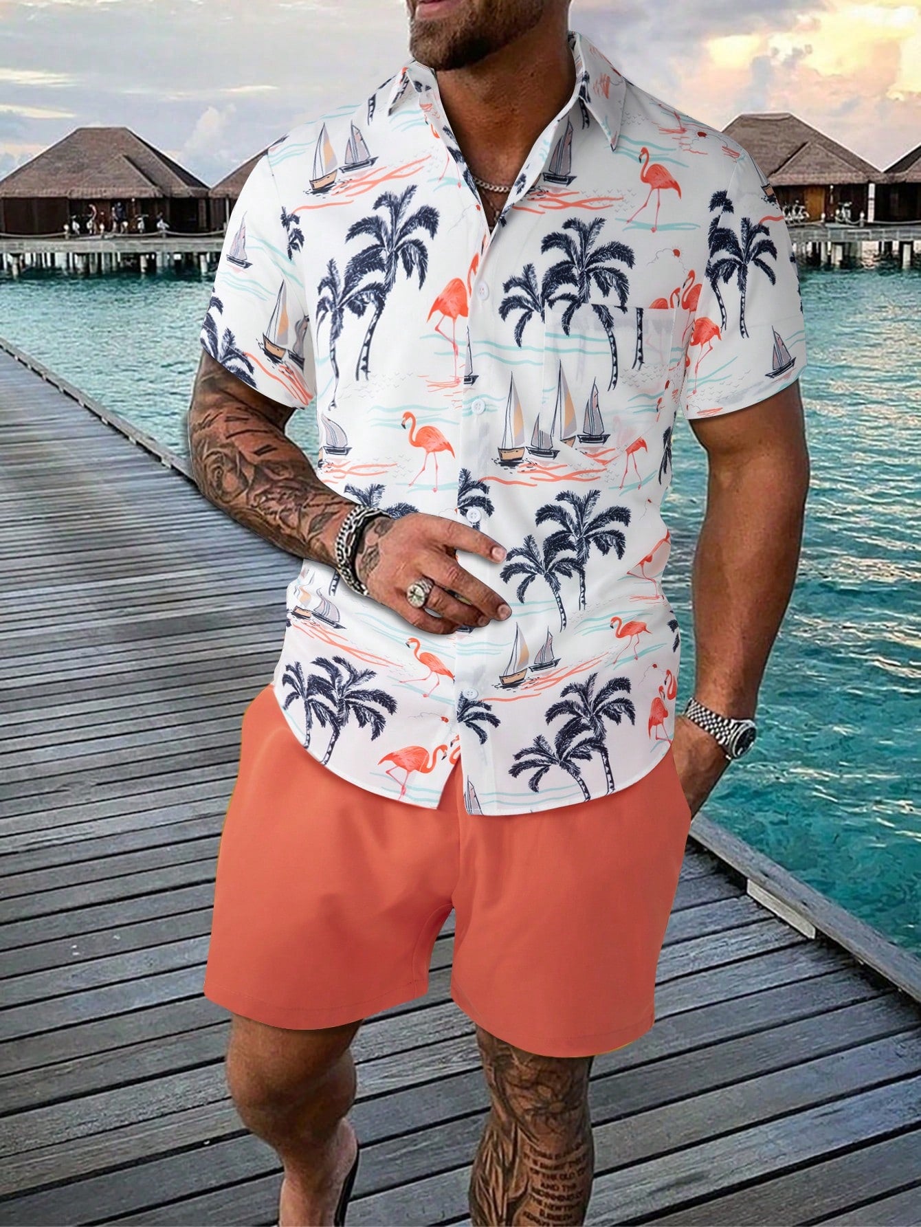 2pcs Men's Tropical Print Shirt And Shorts Set