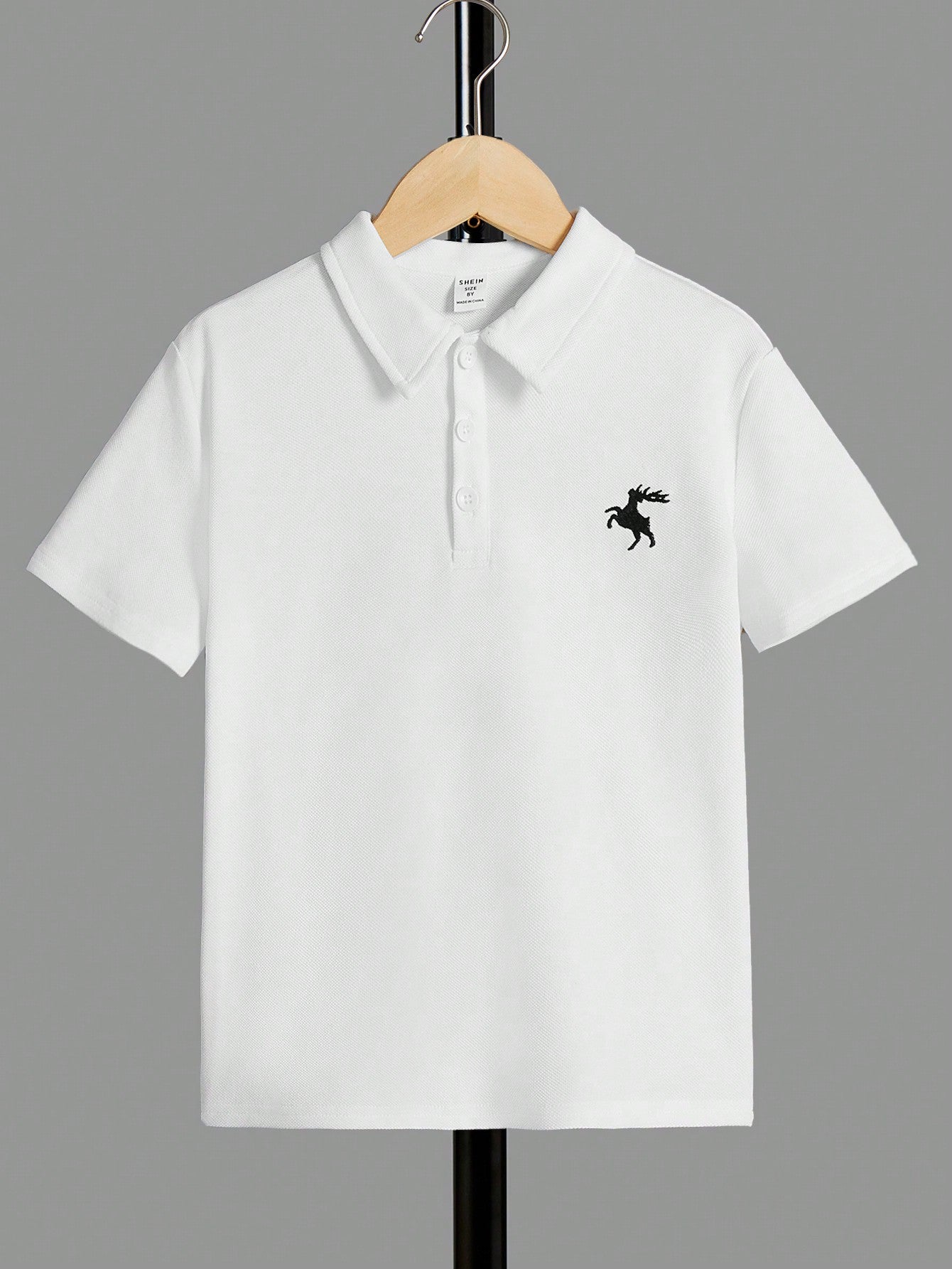 Tween Boy Deer Embroidery Polo Shirt Short Sleeve Casual Daily Wear, Summer