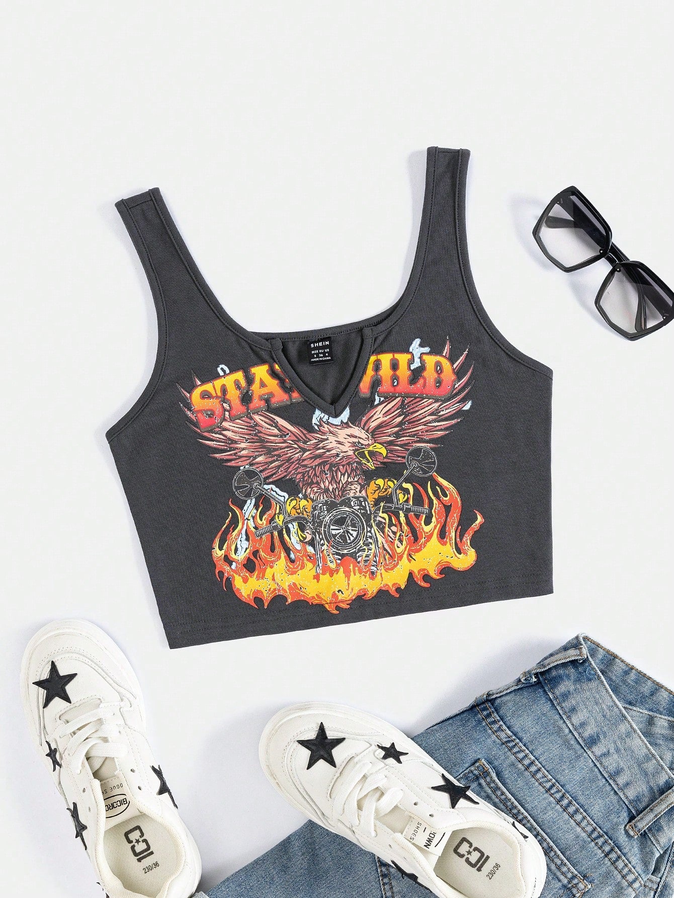 Eagle & Fire Print Notched Neckline Crop Tank Top