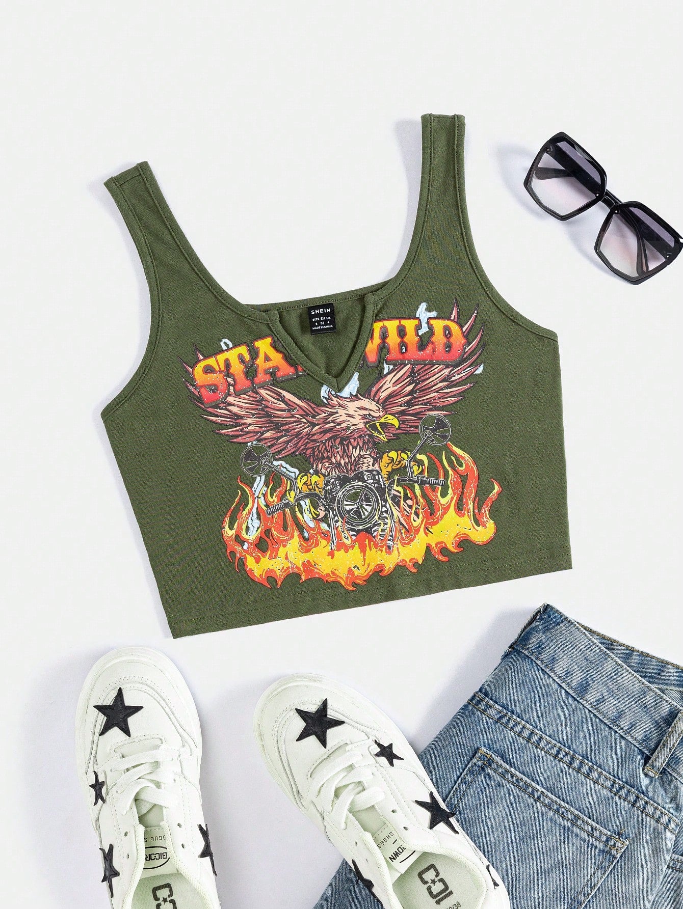 Eagle & Fire Print Notched Neckline Crop Tank Top