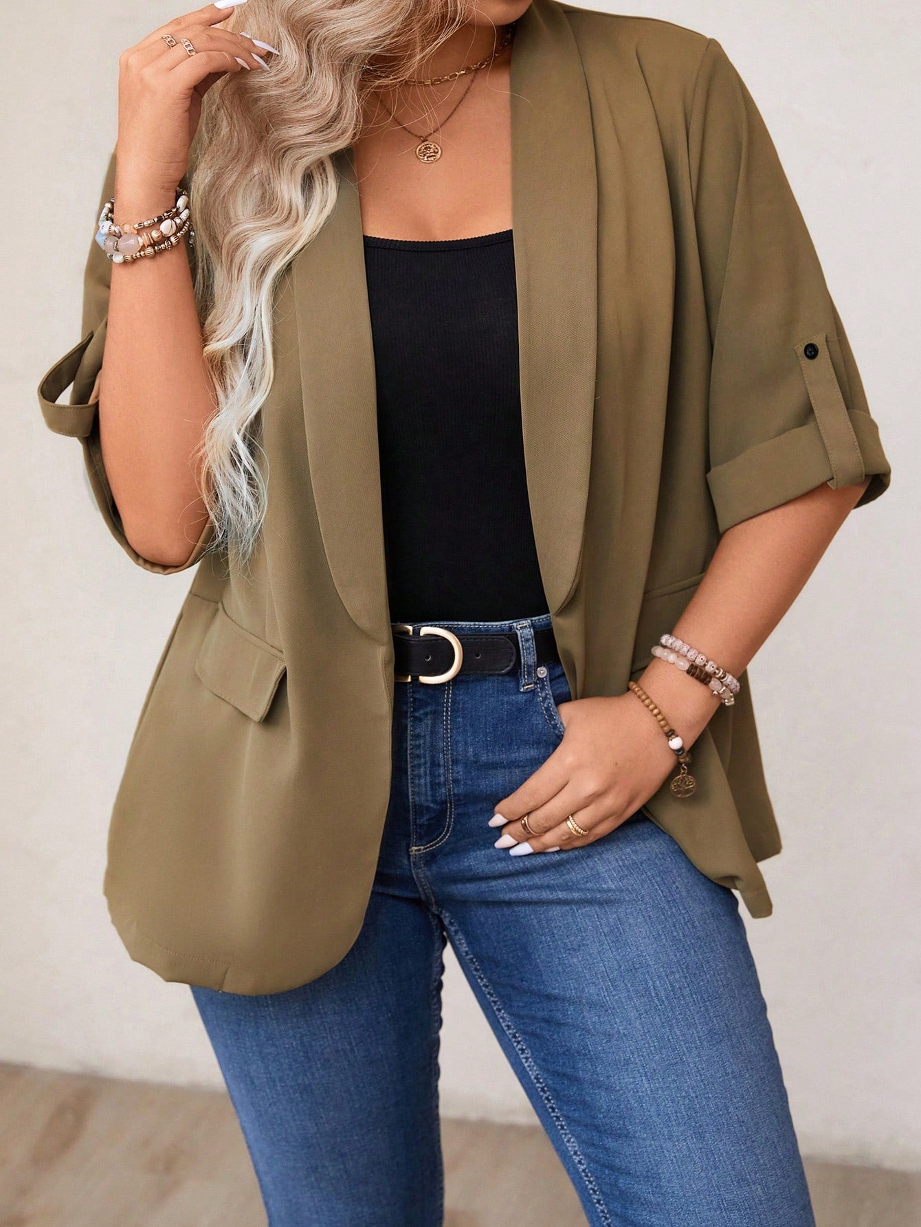 Plus Size Women Fashionable Solid Color Loose Fit Mid-Sleeved Blazer