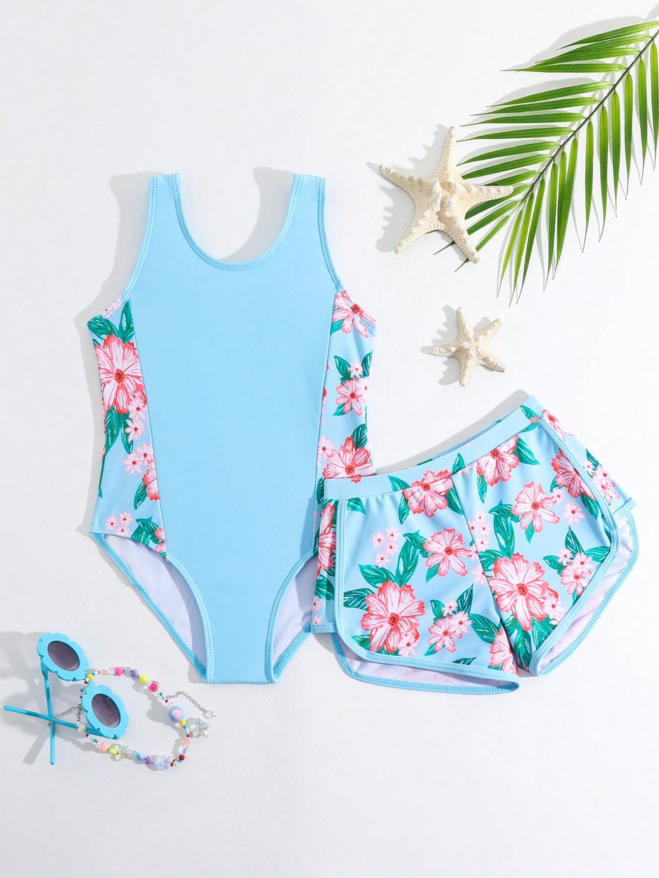 Young Girls' Donut Printed Patchwork One-Piece Swimsuit/Random Print/With Swimming Trunks