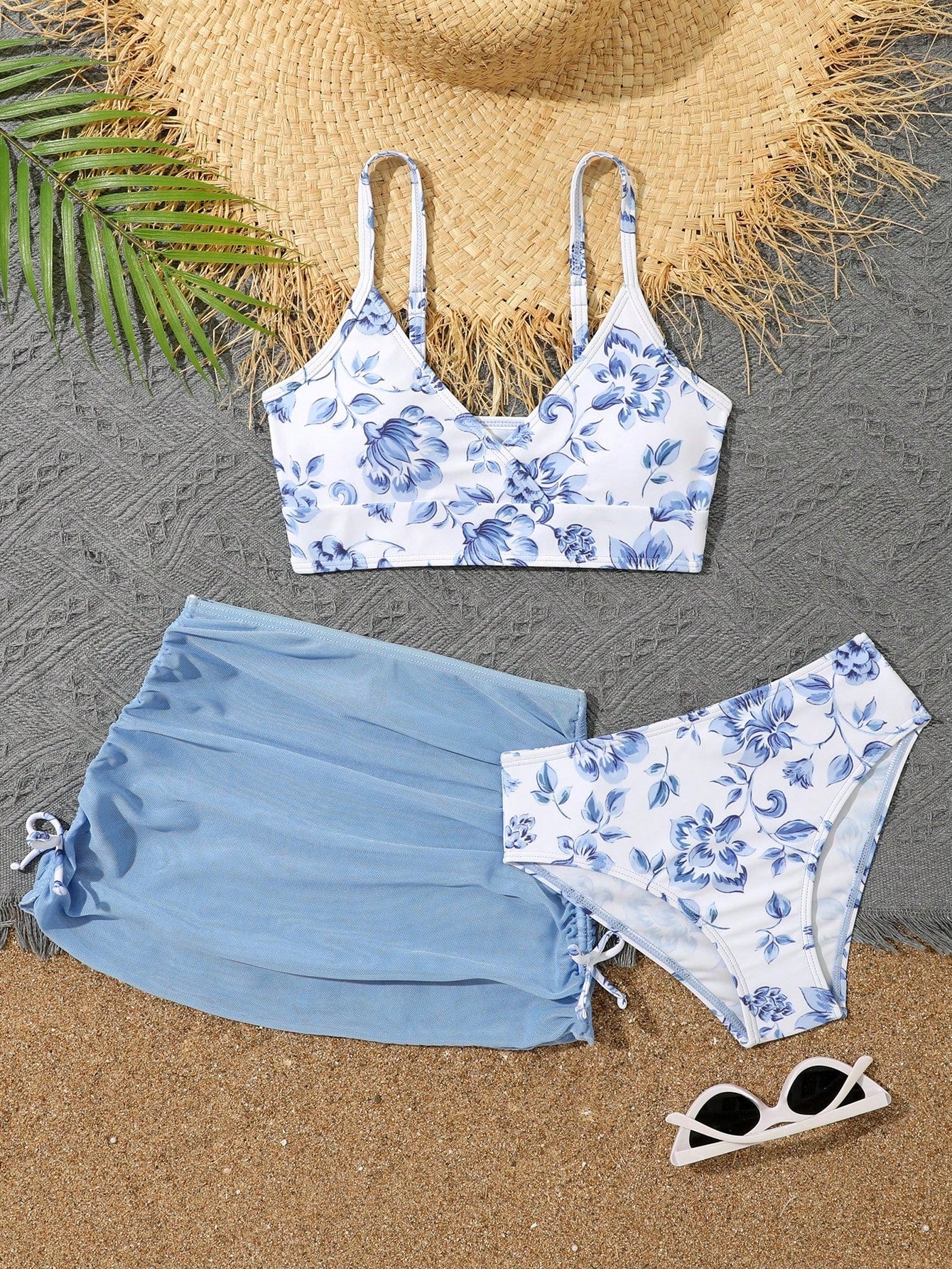 Tween Girl Random Floral Print Bikini Set And Drawstring Side Bikini Set Skirt Summer Beach