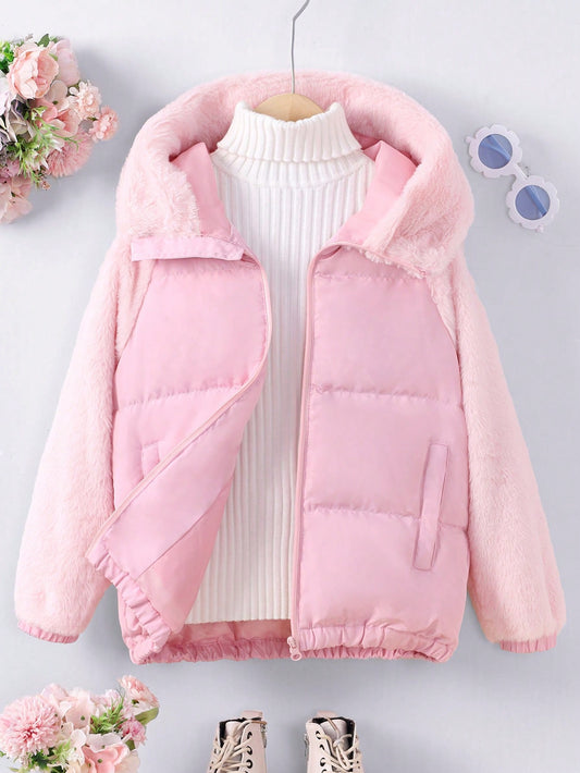 Big Girls' Sweet And Lovely Winter Warm Coat With Furry Sleeve Detailing