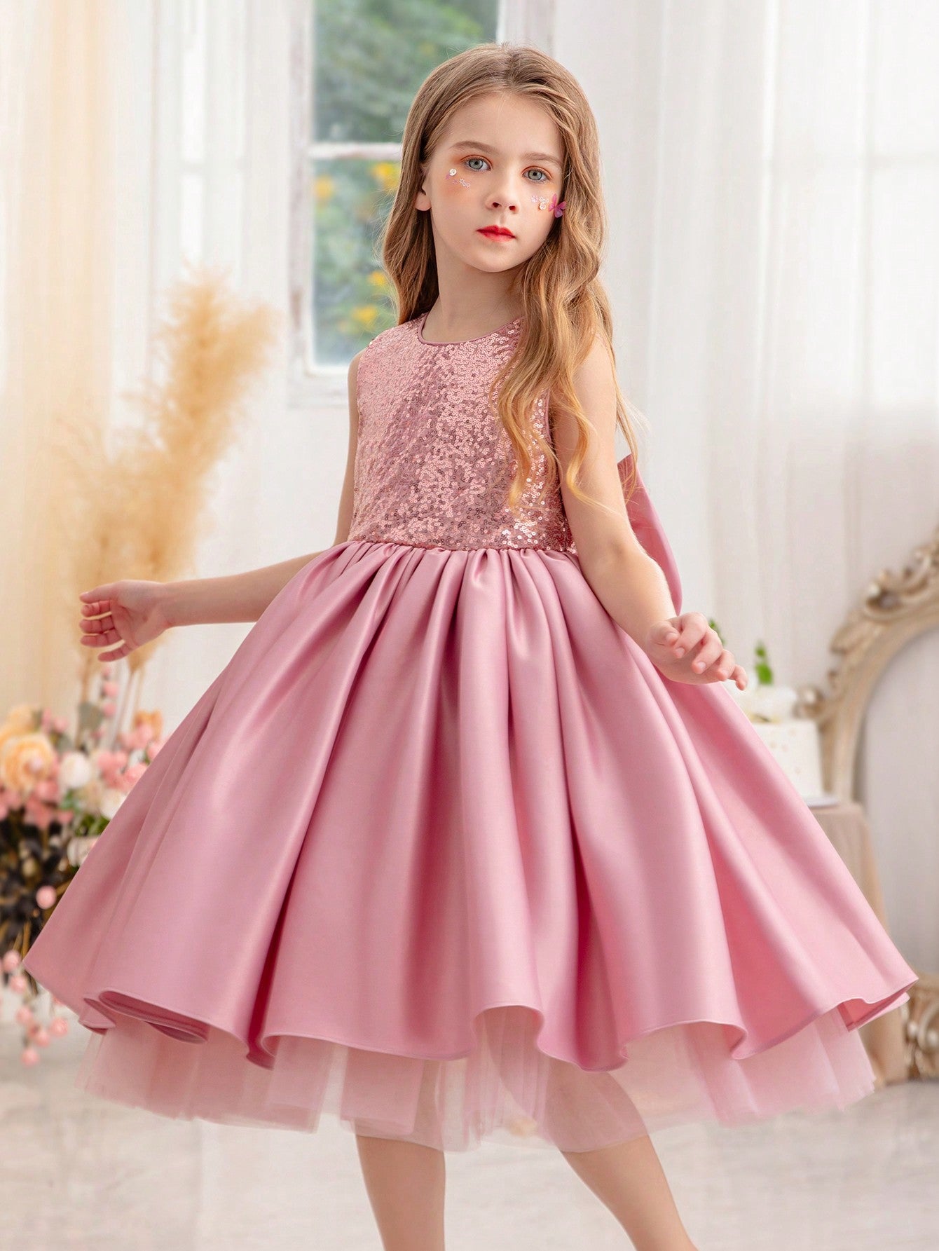 Young Girl Sequined Bowknot Formal Dress Princess Dress, Suitable For Birthday Party, Dance Party, Party Flower Girl Dress, School Stage Performance Costume, Casual Daily Wear.