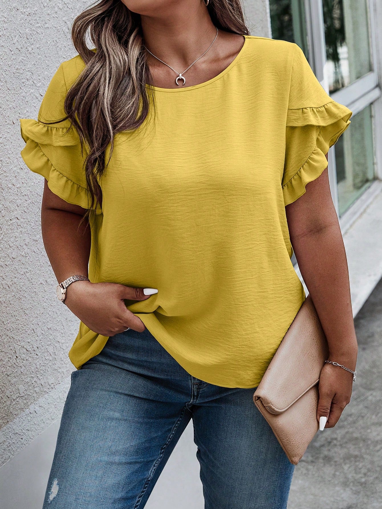 Plus Solid Ruffle Trim Blouse