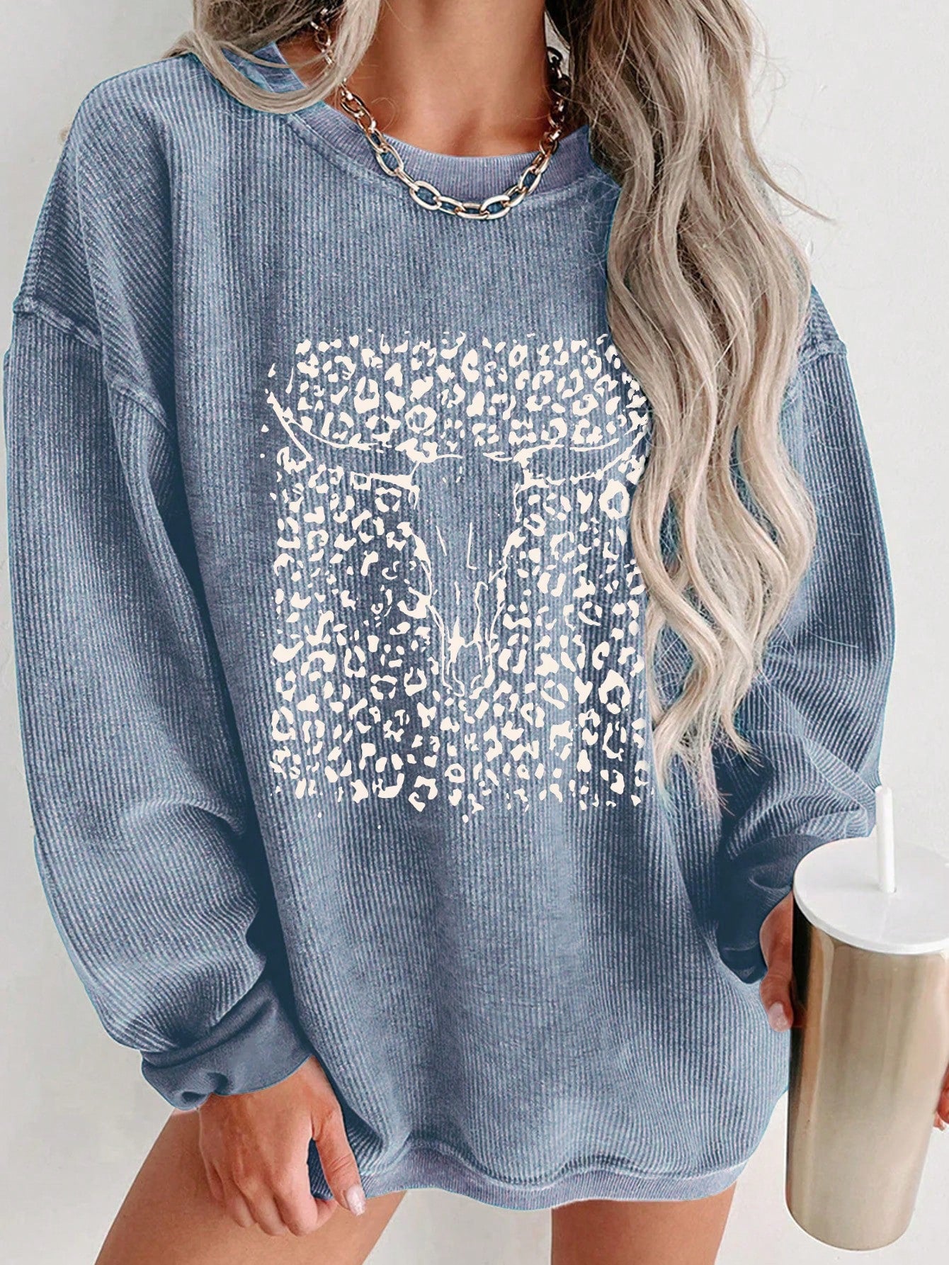 Women's Leopard & Star Pattern Drop Shoulder Sweatshirt