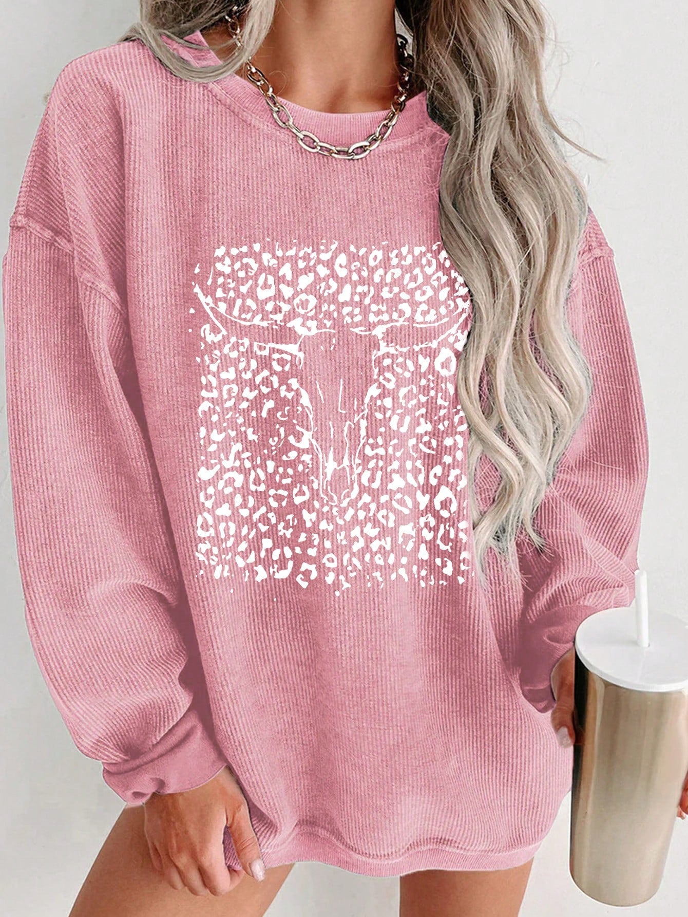 Women's Leopard Print Star Pattern Drop Shoulder Loose Casual Sweatshirt