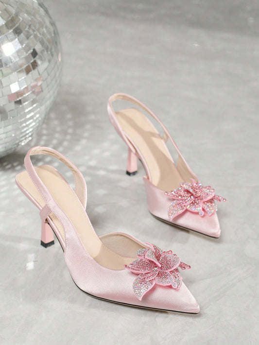 Women's Silk Pink Flower Printed Dress With Pink Rhinestone Decoration, Shiny And Sexy Pink Rhinestone Clutch Bag, High-Heeled Sandals/Shoes