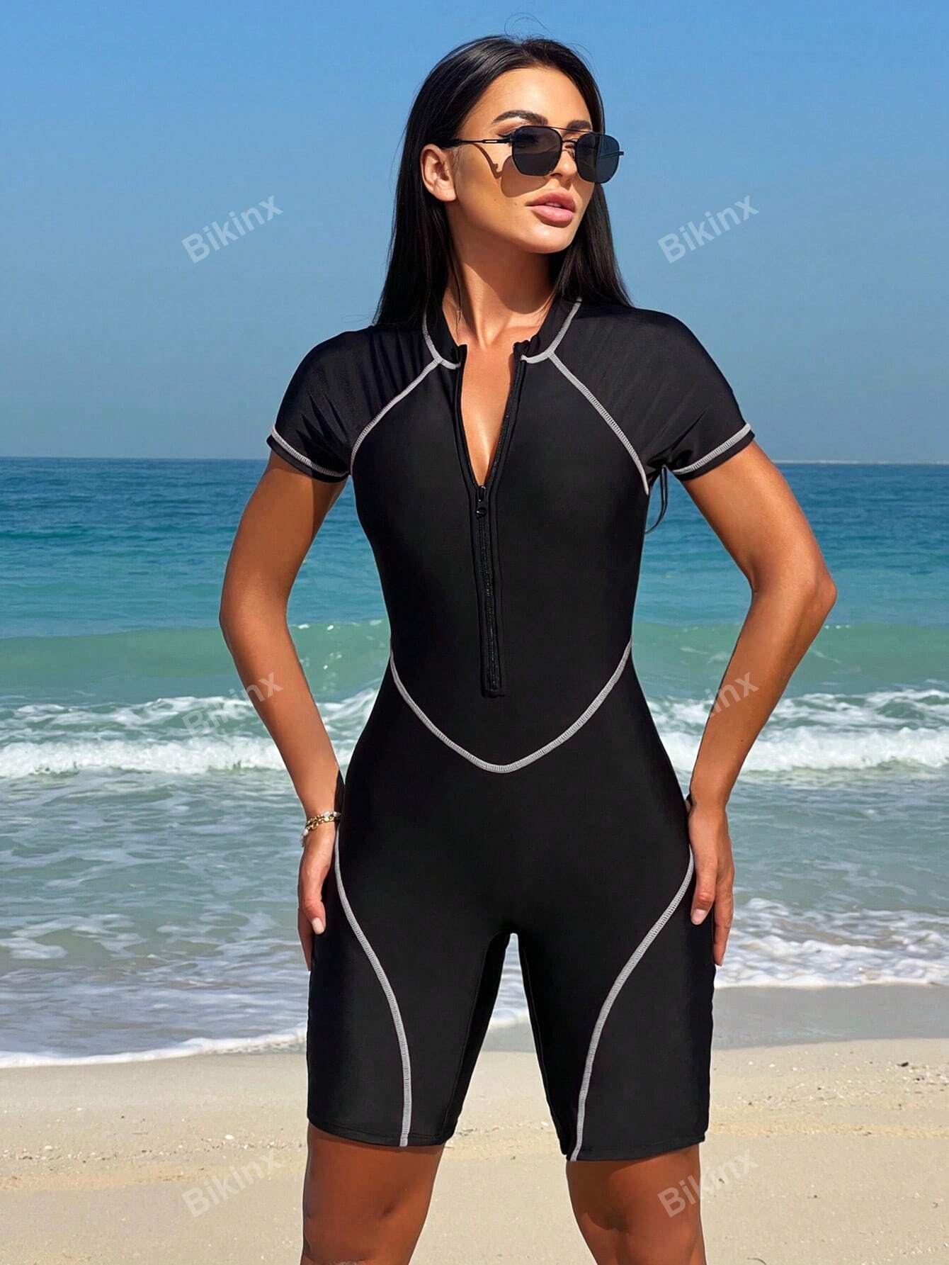 Women's Summer Beach Contrast Color Outer Stitching Chest Zipper Sporty One-Piece Surf Suit